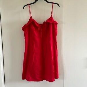 Red linen dress with ruffle and tie